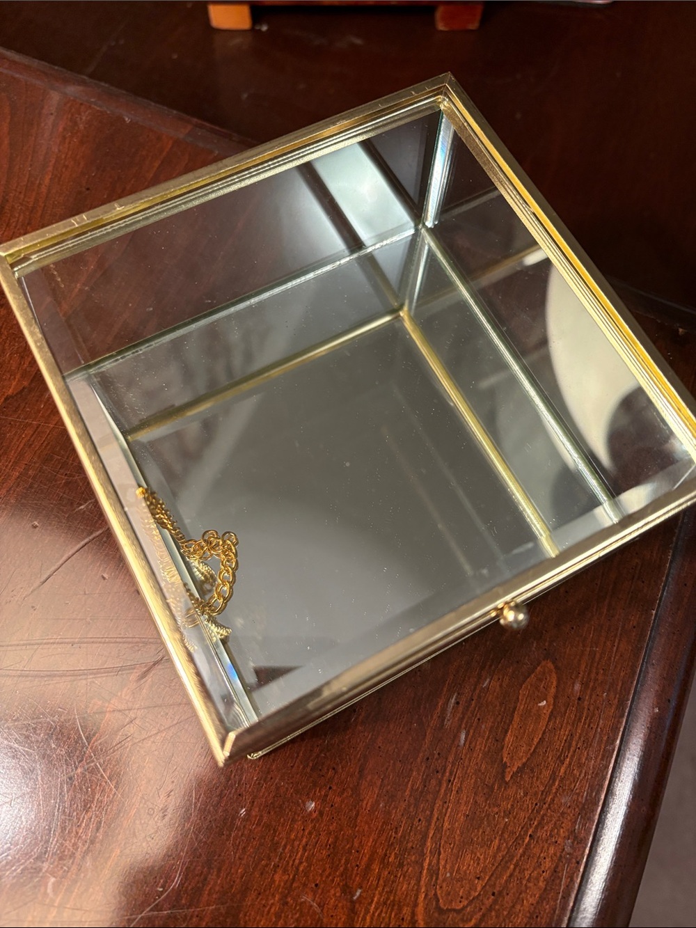 Glass Jewelry Display Box with Gold Frame - Clear Mirror Interior